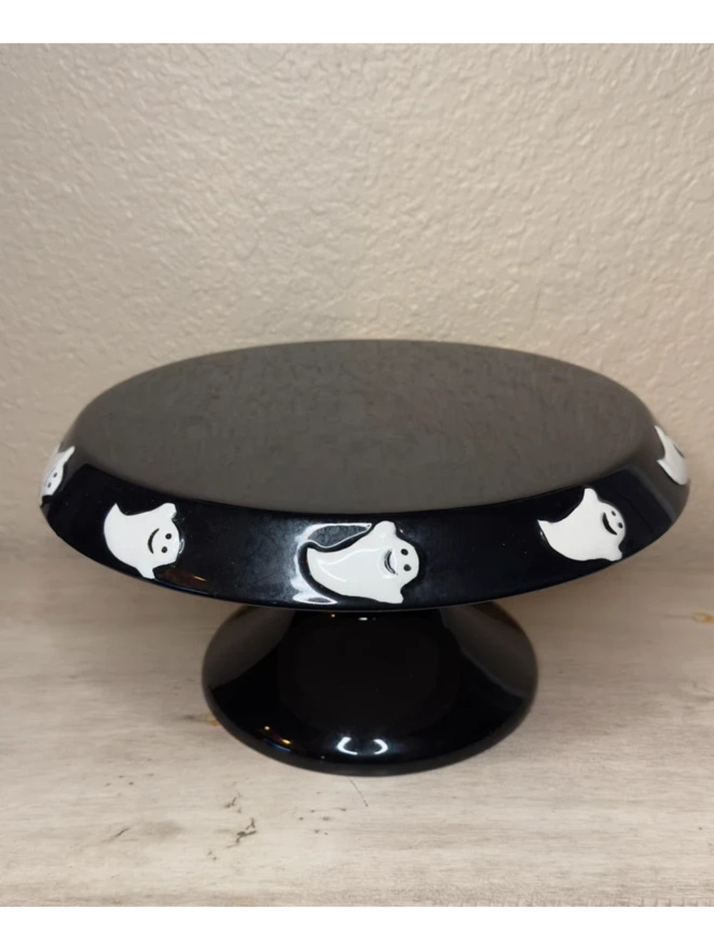 Halloween Ghost Cake Stand Pedestal - Black with White Smiling Ghosts - 12"